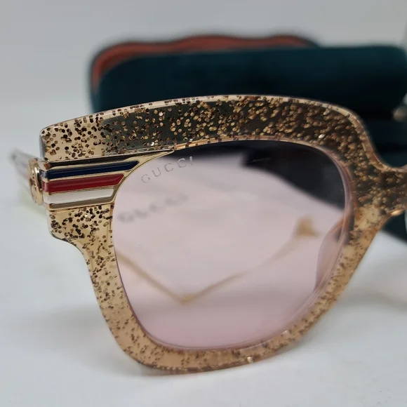 Gucci Women's Sunglasses Gold Glitter Web Stripe Square GG0281SA 004 50-23-146 - Picture 11 of 15